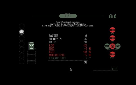 Remember to pay for your heating and medicine, or you'll have a disastrous first playthrough like I did!